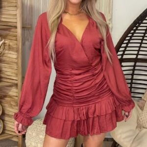 NWT long sleeve ruffled ruched mini dress | mauve rust purple | size large
